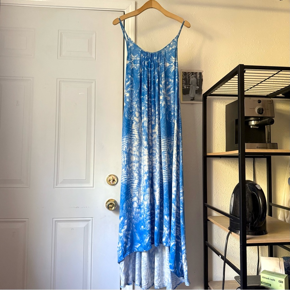 MIKOH blue white printed rayon high lo‎ beach sleeveless summer midi maxi dress